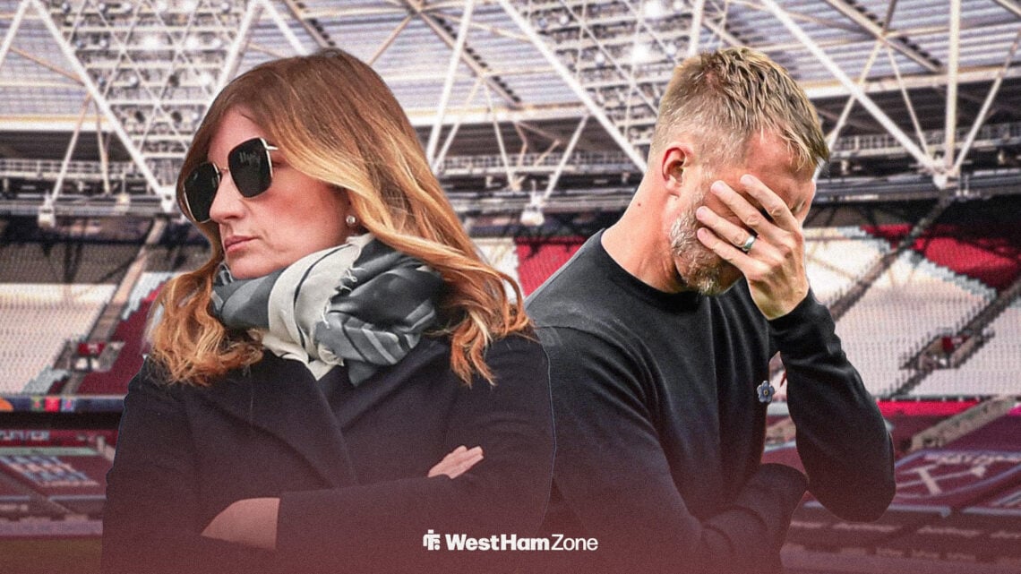 An image including both Karren Brady and Graham Potter looking annoyed at the London Stadium