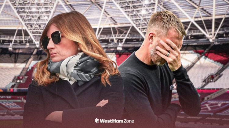 An image including both Karren Brady and Graham Potter looking annoyed at the London Stadium