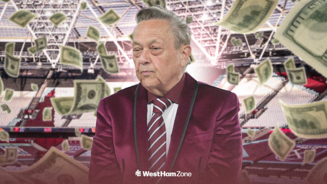 West Ham chairman David Sullivan at the London Stadium surrounded by falling bank notes
