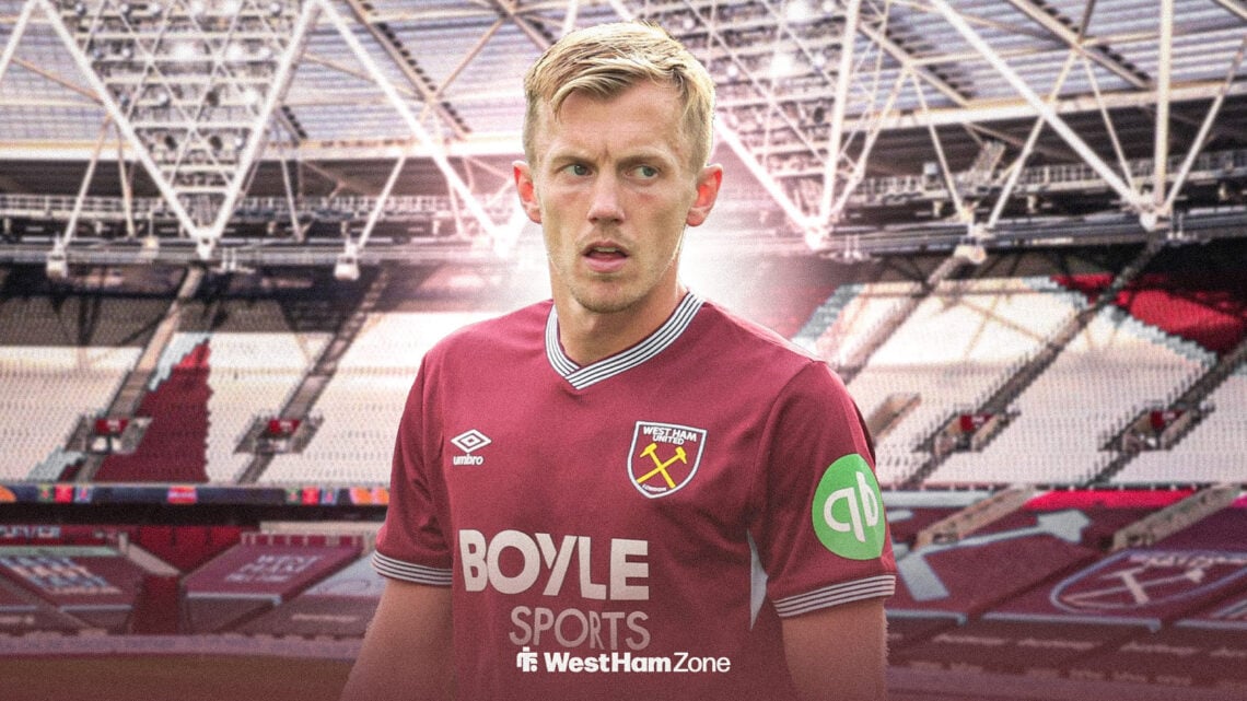 James Ward-Prowse looking frustrated playing for West Ham at the London Stadium
