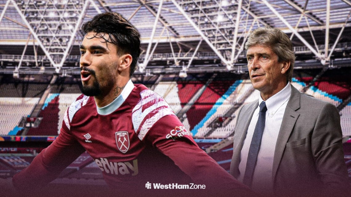West Ham Lucas Paqueta and Manuel Pellegrini in front of the London Stadium