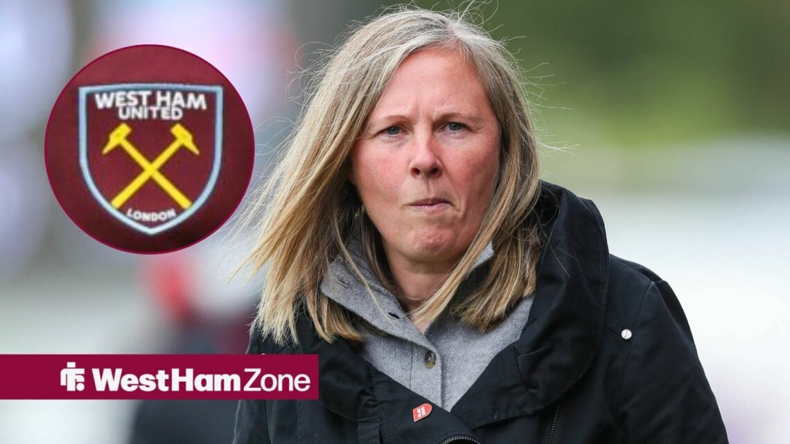 Rehanne Skinner looking gloom with West Ham badge in circle