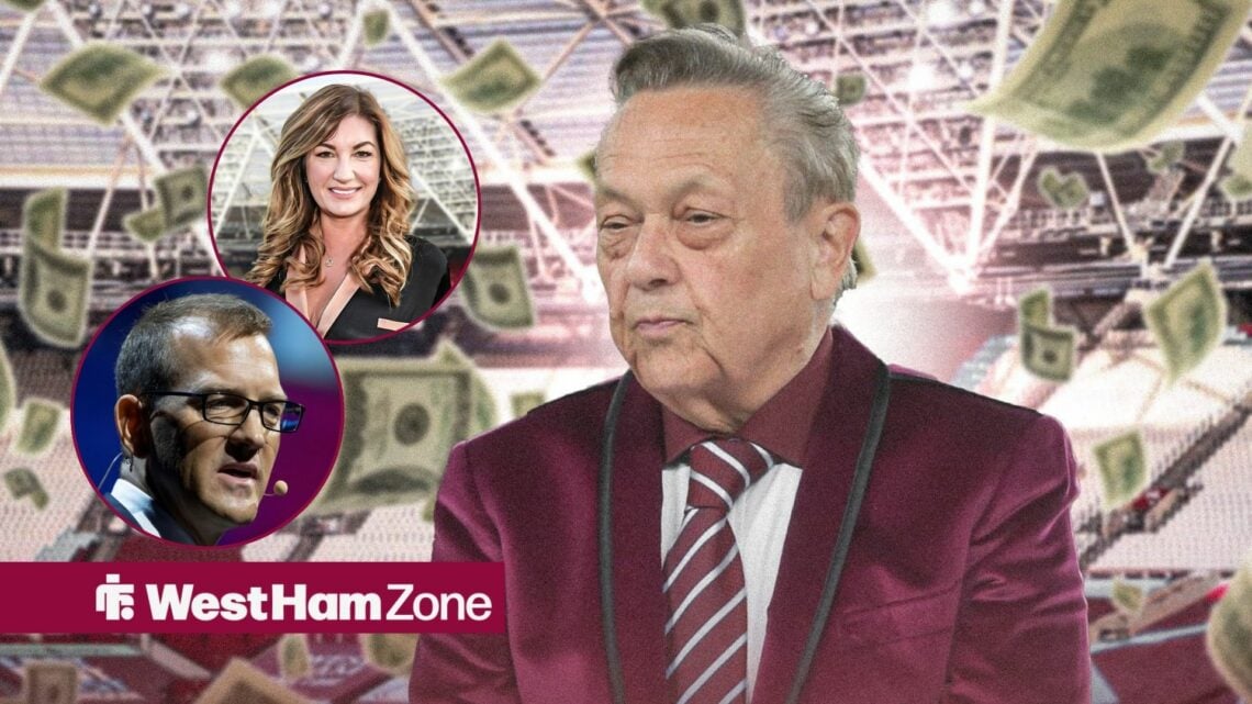 David Sullivan with bank notes flying around him, with Karren Brady and Daniel Kretinsky in circular frames