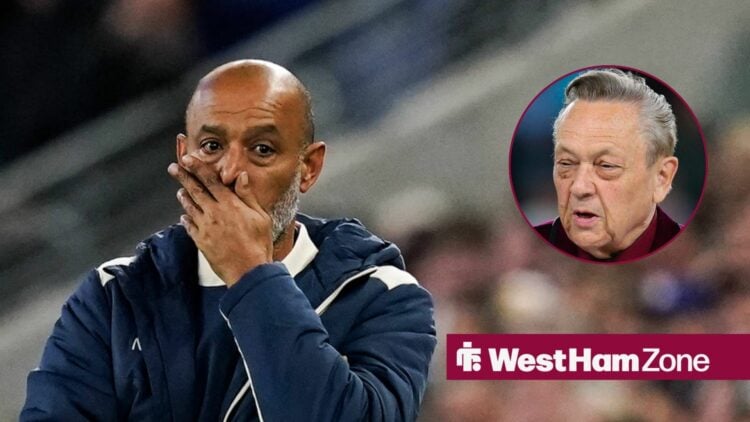 West Ham manager Nuno Espirito Santo covers his mouth with chairman David Sullivan inset