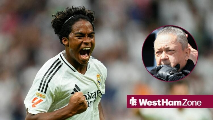 Real Madrid forward Endrick celebrates with West Ham owner David Sullivan contemplating inset