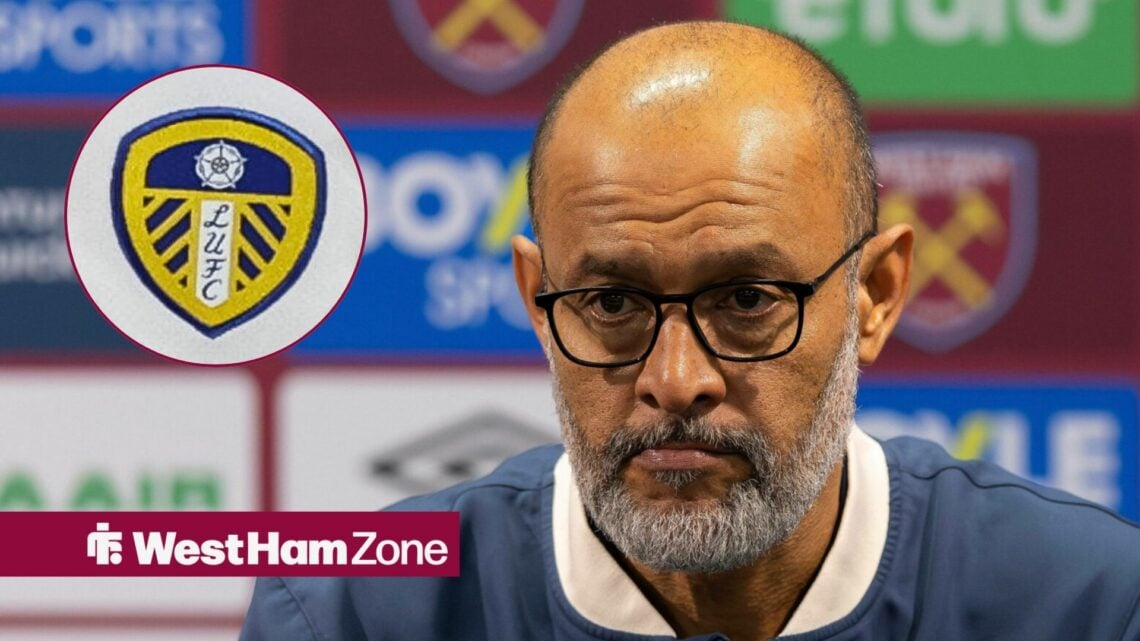 Nuno Espirito Santo looking annoyed towards a Leeds United badge in a circle inset
