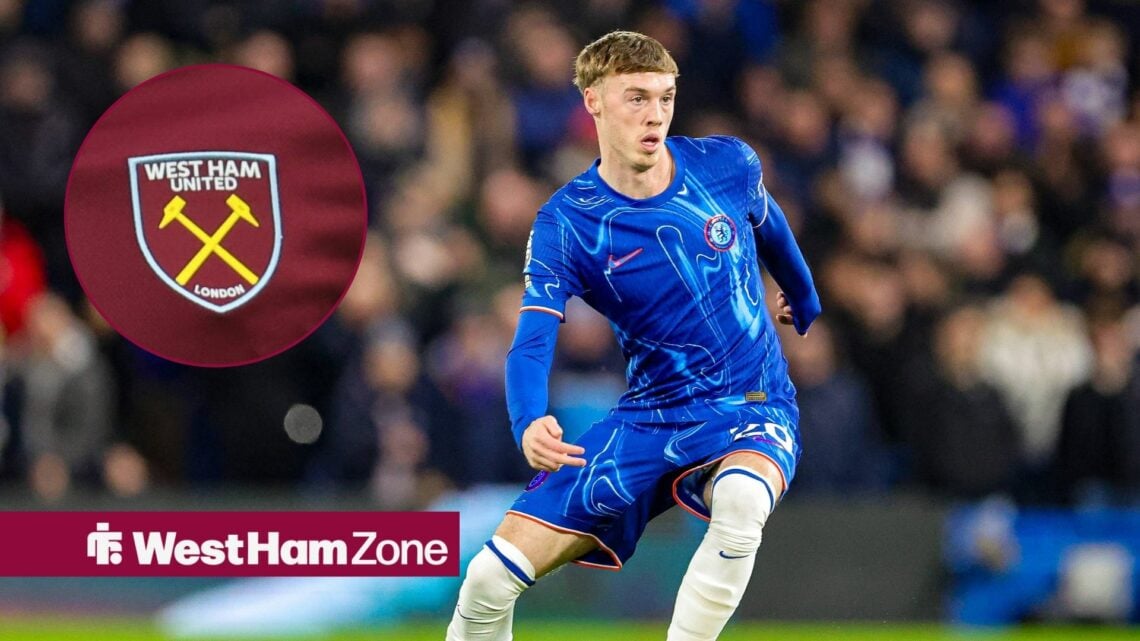 Cole Palmer with an inset of the West Ham logo