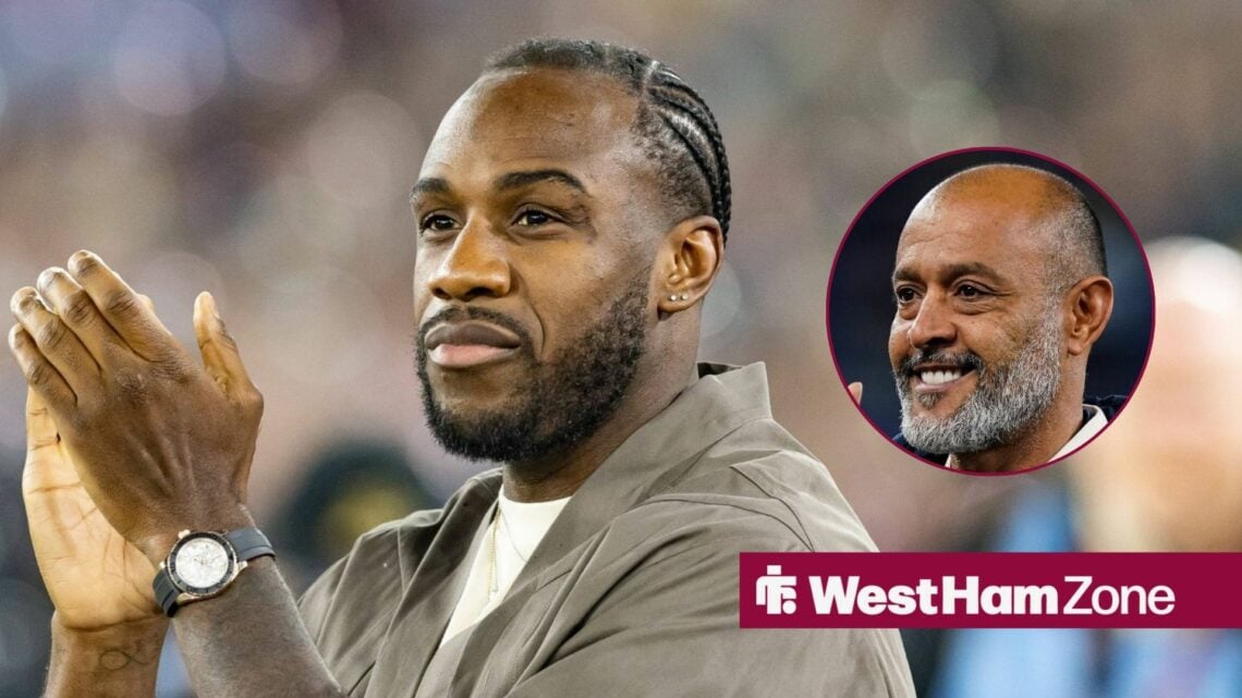 Former West Ham striker Michail Antonio claps with Nuno Espirito Santo smiles inset