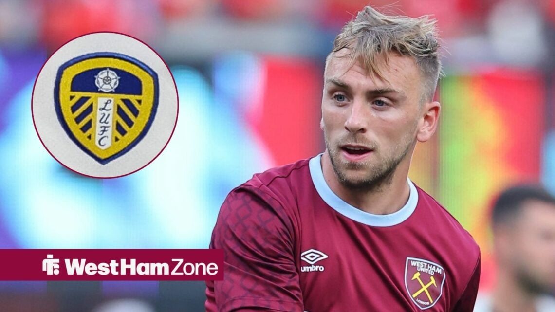 Jarrod Bowen playing for West Ham looking towards a Leeds United badge