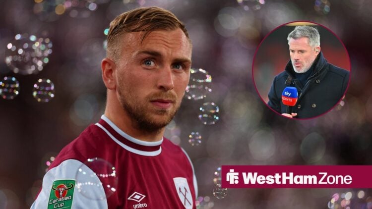 Jarrod Bowen looks into the distance with bubbles around him, with Jamie Carragher holding a Sky Sports mic in circle inset.