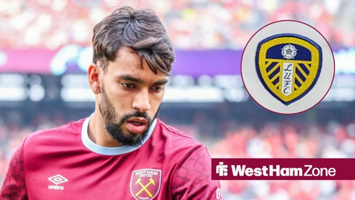 Lucas Paqueta looking down away from a Leeds United badge in a circle inset