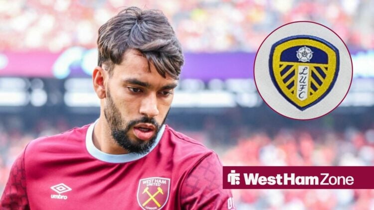 Lucas Paqueta looking down away from a Leeds United badge in a circle inset