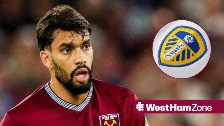 West Ham midfielder Lucas Paqueta with Leeds badge inset