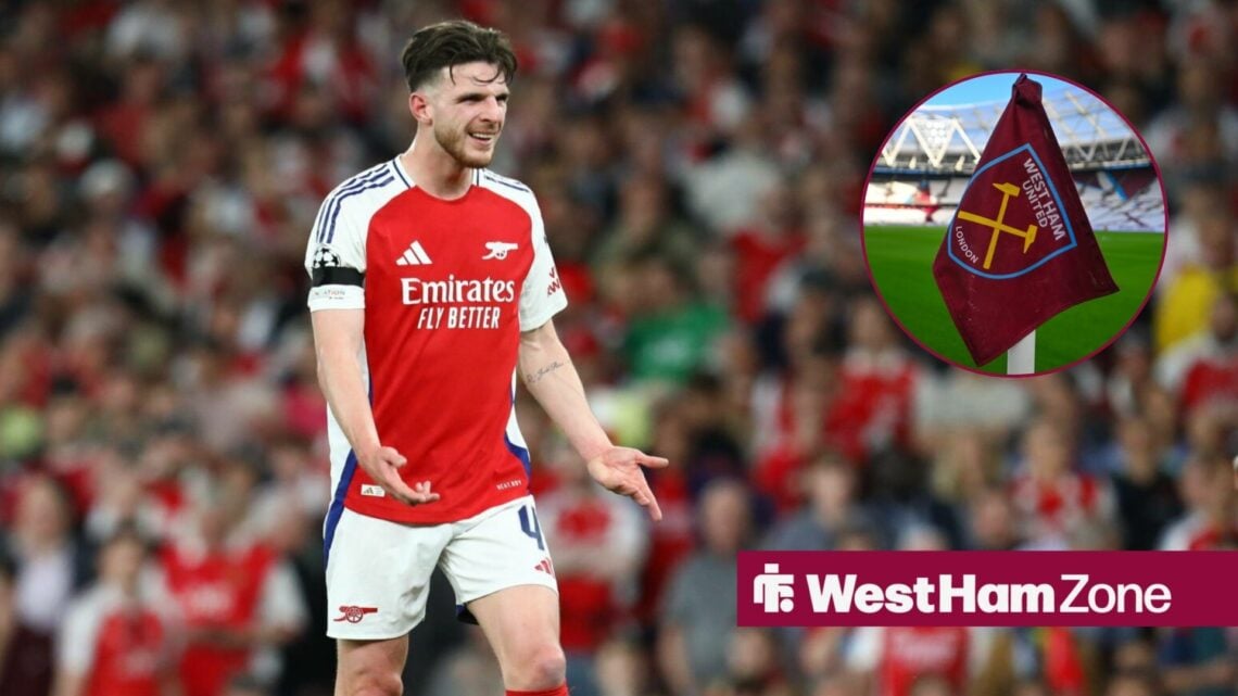 Declan Rice alongside a circle inset of the West Ham corner flag.