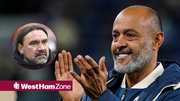 West Ham manager Nuno Espirito Santo claps and smiles with Leeds manager Daniel Farke inset