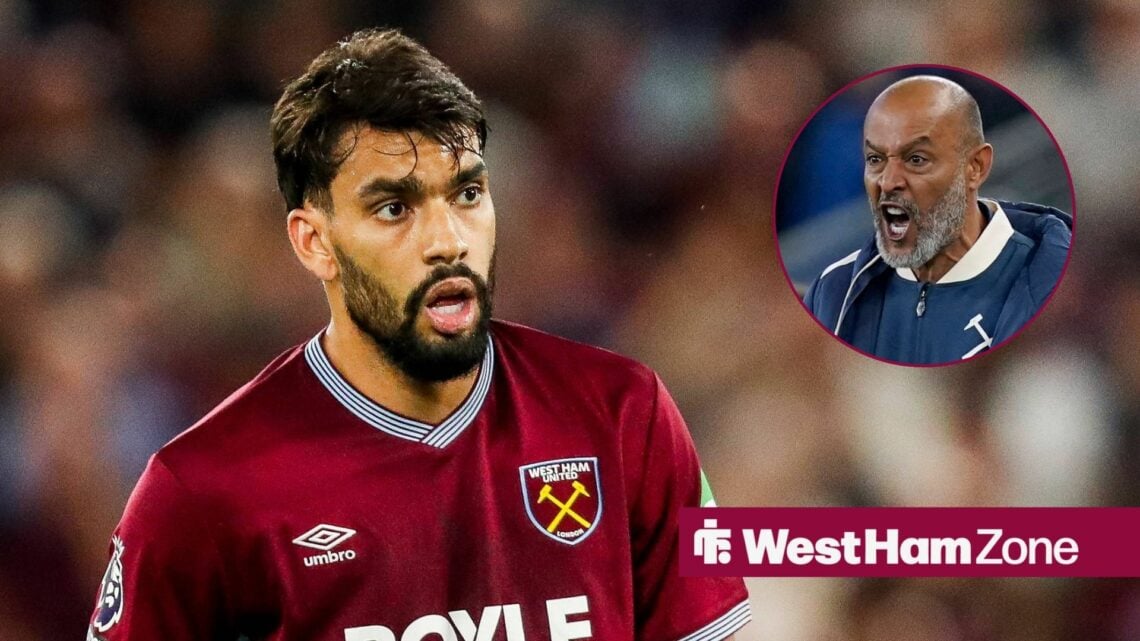 Lucas Paqueta on the left looking worried and to his right, as Nuno Espirito Santo is on the right, looking to his left, shouting.