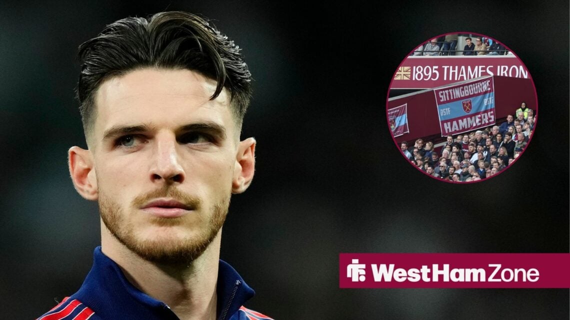 Declan Rice for Arsenal with a circle insert of West Ham fans