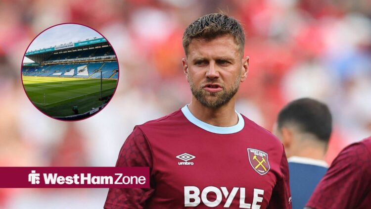 Niclas Fullkrug warming up for West Ham, with Elland Road in a circular frame inset