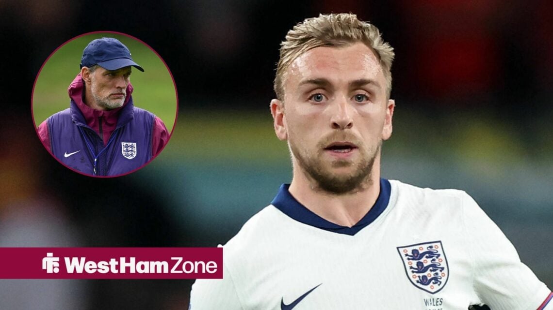 Jarrod Bowen playing for England alongside a circle inset of Thomas Tuchel looking annoyed towards him