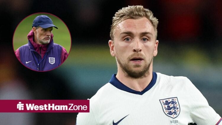 Jarrod Bowen playing for England alongside a circle inset of Thomas Tuchel looking annoyed towards him