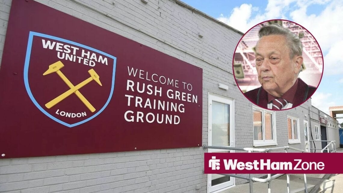 David Sullivan surrounded by money in a circle inset looking towards West Ham training ground Rush Green