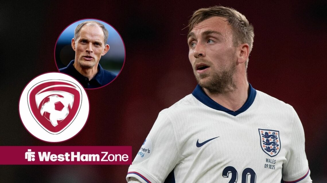 Jarrod Bowen playing for England looking towards Thomas Tuchel and the Latvia logo in circle insets