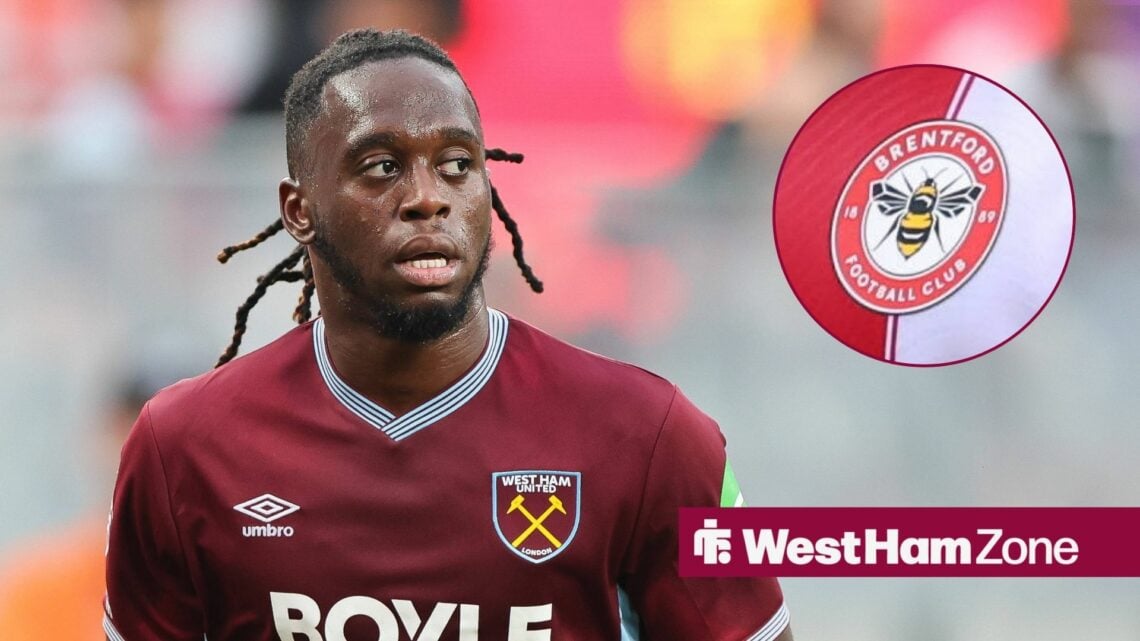 Aaron Wan-Bissaka playing for West Ham looking towards a Brentford badge in a circle inset