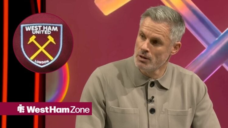 Jamie Carragher looking annoyed to a West Ham badge in a circle inset