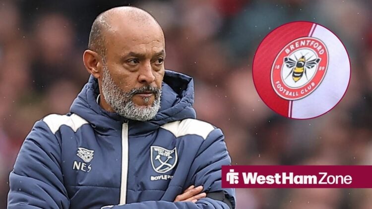Nuno Espirito Santo looking annoyed towards a Brentford badge in a circle inset
