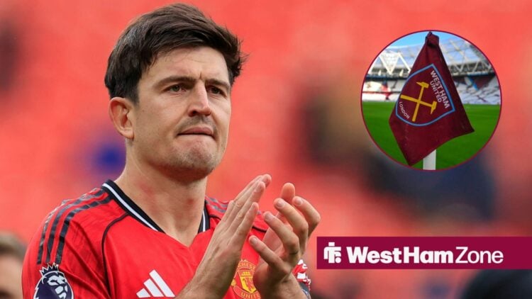 Harry Maguire clapping and looking towards a circle inset with the West Ham flag