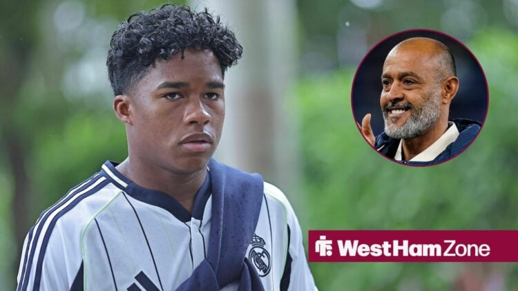 Endrick looking frustrated in Real Madrid gear looking towards Nuno Espirito Santo in a circle inset