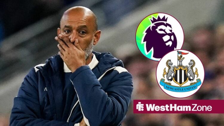 Nuno Espirito Santo staring at the Premier League and Newcastle United badge.