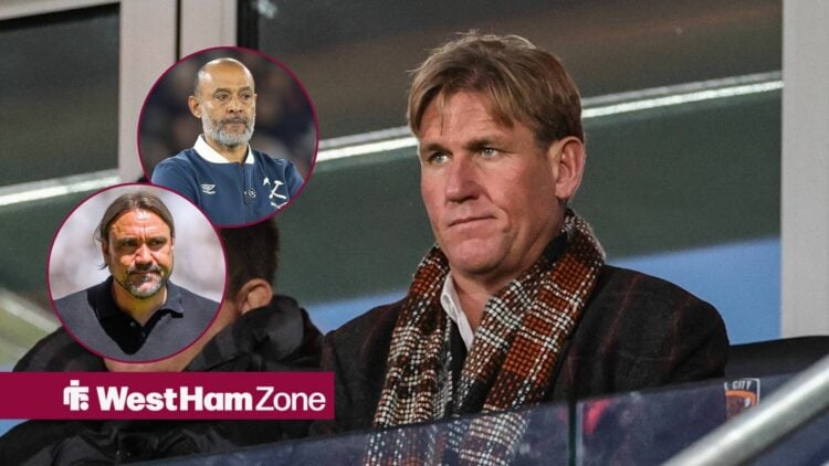 Simon Jordan watches a football match. To his left are small circles with Nuno Espirito Santo and Daniel Farke in them.