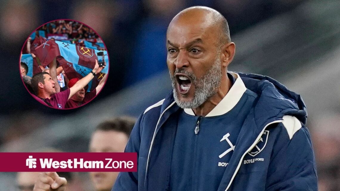 West Ham fans on the left holding scarves up, with Nuno Espirito Santo on the right shouting.