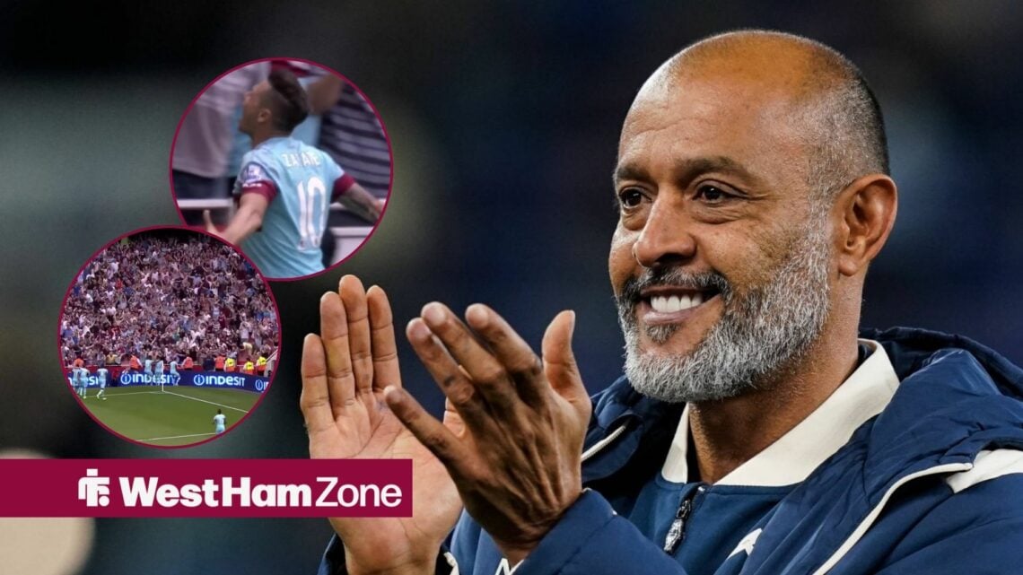 On the right is Nuno Espirito Santo smiling and clapping looking ot his left, with two images on the left. One is Mauro Zarate celebrating a West H...