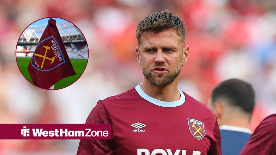 Niclas Fullkrug in a West Ham home kit, with a West Ham corner flag in a circular frame