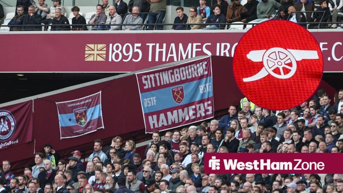 West Ham fans with flags in the stands watching on as background image, as Arsenal badge is on the right