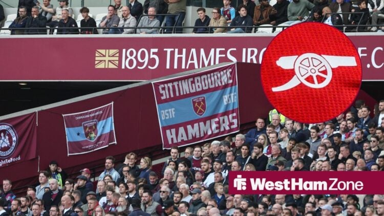 West Ham fans with flags in the stands watching on as background image, as Arsenal badge is on the right