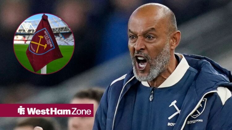 Nuno Espirito Santo alongside a circle inset of the West Ham corner flag.