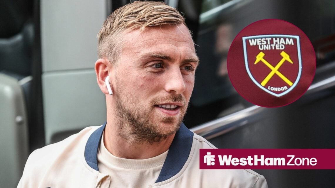Jarrod Bowen listening to music with an inset of the West Ham logo on the right