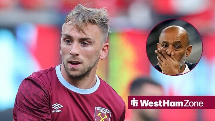 West Ham winger and captain Jarrod Bowen with Nuno Espirito Santo covering his face inset