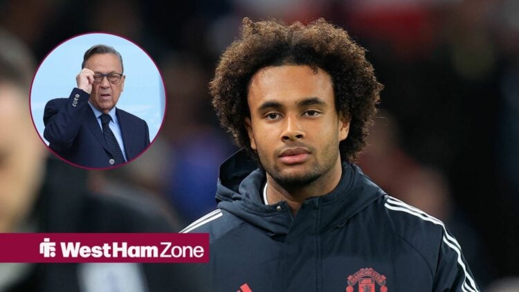 Joshua Zirkzee warms up for Man United, with David Sullivan in a circular frame inset
