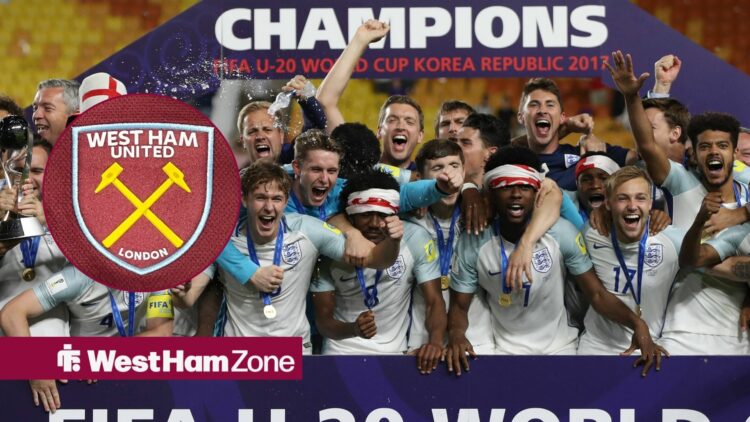 England Under-20 celebrate winning the World Cup with West Ham badge inset