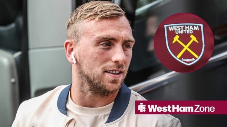 Jarrod Bowen listening to music with an inset of the West Ham logo on the right