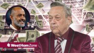 David Sullivan surrounded by money notes at the London Stadium looking at Nuno Espirito Santo smiling in a circle inset