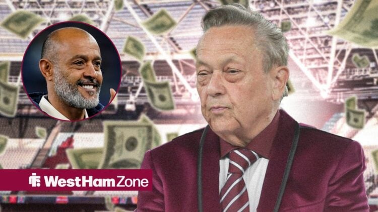 David Sullivan surrounded by money notes at the London Stadium looking at Nuno Espirito Santo smiling in a circle inset