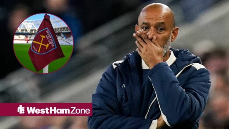 Nuno Espirito Santo looking confused alongside a circle inset of the West Ham corner flag.
