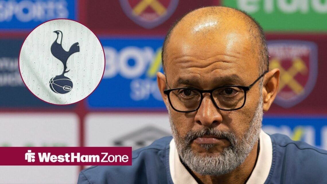 Nuno Espirito Santo looking annoyed in a West Ham press conference looking towards a Tottenham badge in a circle inset