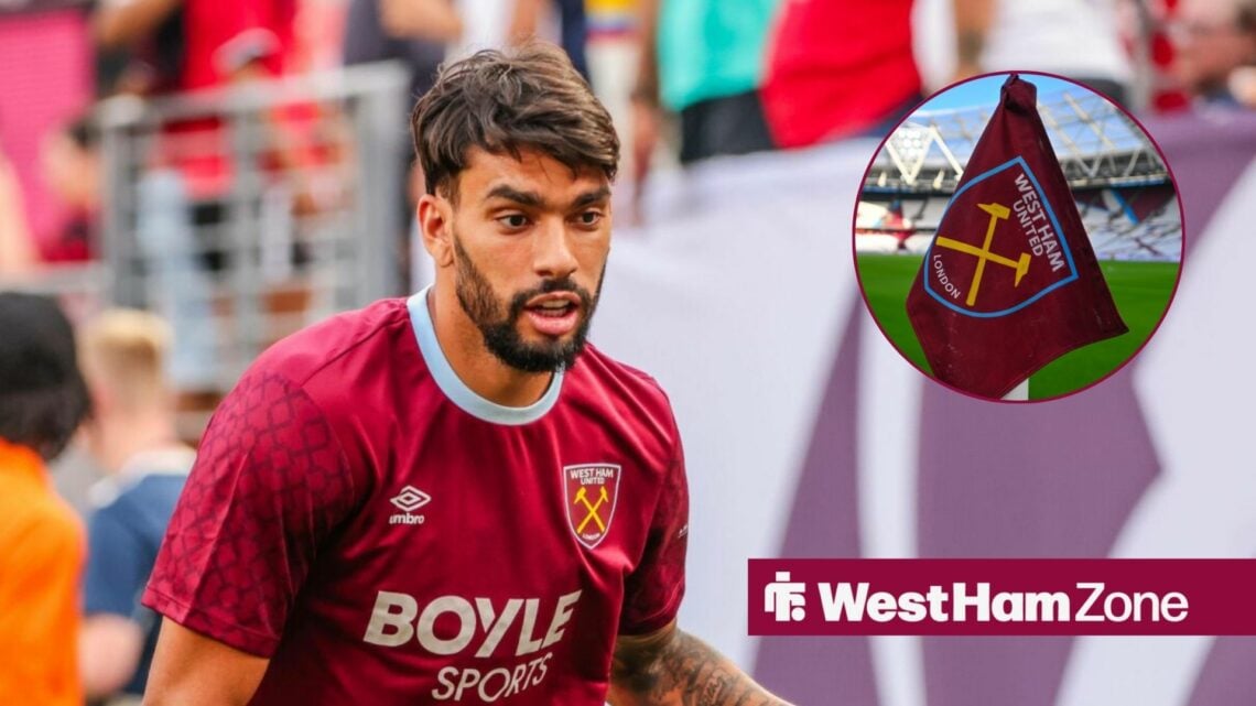 Lucas Paqueta in pre-season action for West Ham, with a West Ham corner flag in a circular frame inset