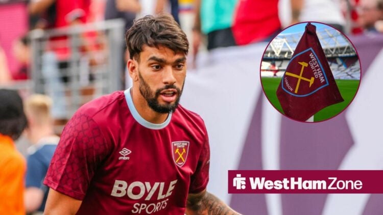 Lucas Paqueta in pre-season action for West Ham, with a West Ham corner flag in a circular frame inset